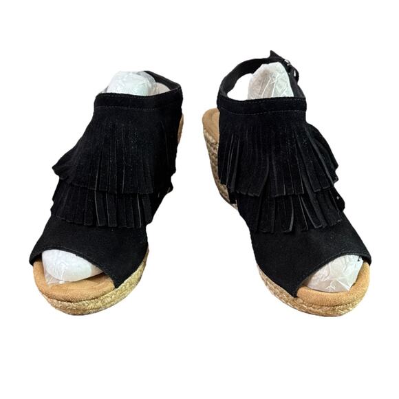 Minnetonka Wedge Women 9 Slingback Black Suede Fringe 71311 Boho Native American - Picture 1 of 7